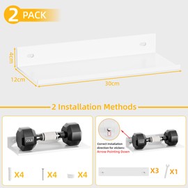 Wisfame White Floating Shelves for Wall, Metal 11.8Inch Wall Shelves for Bedroom Set of 2, Modern Display Shelf No Drill Organizer for Bathroom,Living Room, Kitchen, Office