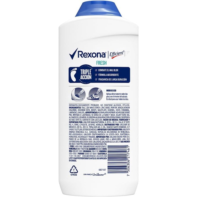 Talco Desodorante para Pies REXONA Efficient Fresh, 200 g