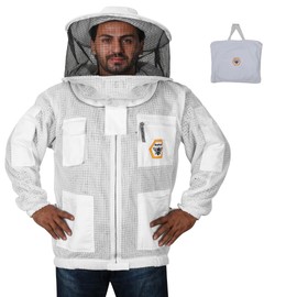 Beekeeping Jacket with Veil – 3-Layer Ultra Ventilated Bee Jacket with Long-Lasting YKK Zippers & Safety Fencing Hood – Full Protection Suit with Carrying Bag (White) Round Veil - M (BP-302)