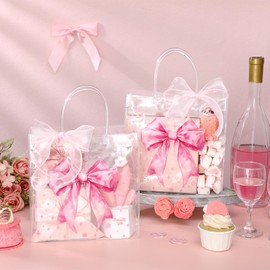 Wesnoy 24 Pcs Pink Bow Clear PVC Gift Bags with Handles Coquette Bowknot Party Favor Reusable Plastic Candy Treat Tote Bags for Wedding Birthday Baby Shower Valentine's Day Party Supplies (Bow)