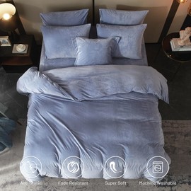 SE SOFTEXLY Velvet Blue Duvet Cover Queen Size, Soft Flannel Duvet Cover with Zipper Solid Breathable Silky Velour Comforter Cover, Cozy Winter Duvet Cover Set with 2 Pillowcases, 90" x 90"