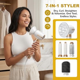 Nora Styler Multi-Styler Pro 7 en 1, Ionic Hot Air Hair Styler para rizar, alisar, secar y voluminizar, herramienta profesional de peinado para todo t
