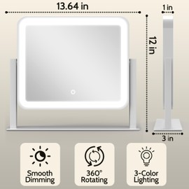 ROLOVE 14"x12"Vanity Mirror, Lighted Makeup Mirror for Vanity Desk, Smart Touch Control, 360° Rotation, 3-Color Modes, Bedroom, White