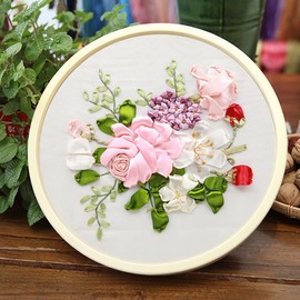 Gogobear Silk Ribbon Flowers Embroidery Kit for Art Craft Sewing Handmade 3D Wall Decor Hanging Pictures with Bamboo Embroidery Bandage