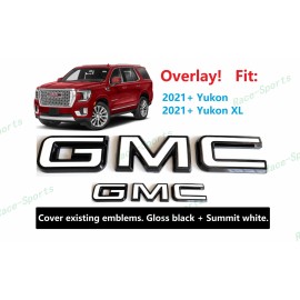 Auto GMC OVERLAY Front Rear Gloss Black White GMC Emblems Fit 2021+ Yukon Yukon XL