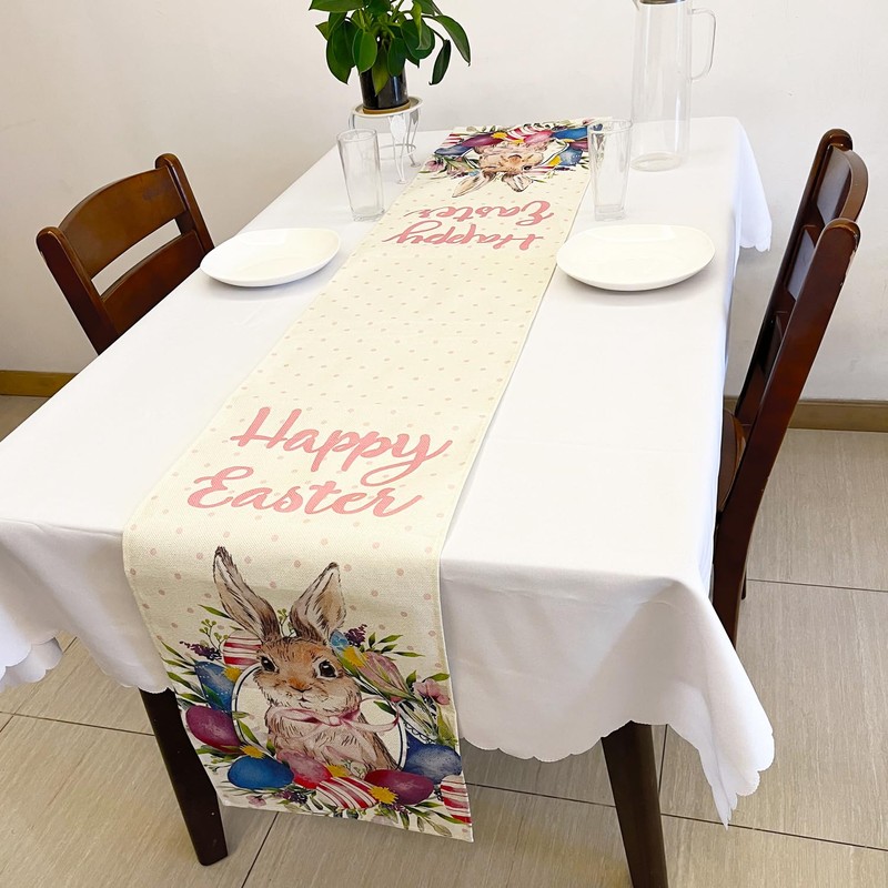 SEAHUI Happy Easter Rabbit Table Runner Easter Egg Wreath Table