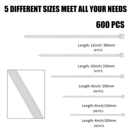 Cable Zip Ties,600 Piece Self-Locking Nylon Cable Ties,Assorted Sizes 4+6+8+10+12-Inch,Multi-Purpose Wire Management Plastic Ties,Perfect for Home,Garden,Office,Travel and Workshop.White