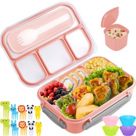 Bento Box, fiambrera para niños, 1300 ml Bento Box para adultos con 4 compartimentos, púas de comida y tazas de pasteles, recipientes para fiambrera para adultos/niños/niños pequeños, a prueba de