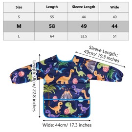 BOUBONI Kids Art Smock Toddler for Girls Boys ages 3-8 with Long Sleeve and 3 Pockets for Painting Activity Kitchen Crafts(Dino-Deep Blue)