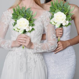 SEMONONIA 8 Inch Bridesmaid Bouquets Set of 4 - Ivory Artificial Flowers Greenery Bouquet for Wedding, Silk Small Floral Bouquet for Ceremony and Anniversary Marriage Proposal Centerpiece Decorations