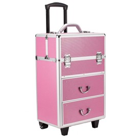 Ynredee Rolling Makeup Case,4 Tier Aluminum Makeup Cosmetic Case,Cosmetic Organizer Train Case on Wheels,Storage Traveling Cart Organizer Suitcase for Beauty Salon Barber