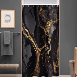 ASDCXZ Marble Shower Curtain Black Gold 120x200 cm, Modern Abstract Black Gold Marble Optic Texture Washable Bath Shower Curtains Polyester Textile Waterproof Shower Curtain for Bathtub with 8 Hooks