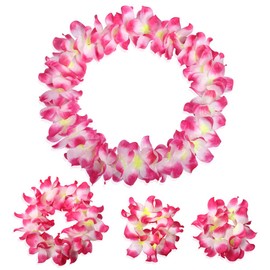 Hawaiian Leis Luau Tropical Headband Flower Crown Wreath Headpiece Wristbands Women Girls Floral Necklace Bracelets Hair Band For Summer Beach Vacation Pool Party Decorations Favors Supplies Rose