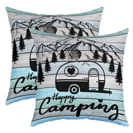 Camper Cushion Cover Happy Camping Cushion Covers 45 x 45 cm Set of 2 Soft Decor RV Camping Sofa Cushion Couch Cushion Cartoon Camping Car Wood Grain Blue Decorative Cushion