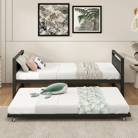 HAHRIR Twin Bed Frame with Wooden Headboard, Metal Daybed with Trundle，Easy Roll in-Out Trundle Bed，Saving Space Metal Sofa Bed Frame for Living Room, Bedroom, Apartment (Black)