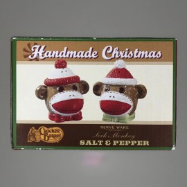 Cracker Barrel Sock Monkey Salt & Pepper Shaker Set Christmas Serve Wear NIB New