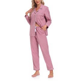 COLORFULLEAF Women's Pyjamas 100% Cotton with Button Placket Long Sleeve Pyjamas Set Two Piece Sleepwear Leisure Suit, Dark rose long sleeve