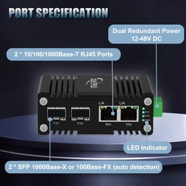 Mini Industrial 2 Port Ethernet Switch with 2 SFP Slot, Hardened Gigabit Networking Switch Supporting Din-Rail, 12~48VDC Power Input, -40°F to 176°F, IP40 Rated Thicked Housing