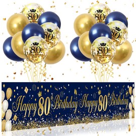 80th Birthday Decorations for Men Women - Navy Blue Gold Happy Banner, 18PCS Balloons Confetti, 80 Years Old Party Outdoor Yard Decor