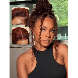 UNICE Reddish Brown Curly Human Hair Drawstring Wig Bye Bye Knots 7X5 Lace Front Glueless Wigs Human Hair Pre Plucked Pre Cut Natural Hairline 150% Density 16 inch