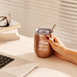 DONGSHANGIFT Only an Aunt Can Give Hugs Like a Mother Wine Tumbler - Birthday, Mother's Day Gift for Auntie From Nephew/Niece - 12 Oz With Lid, Straw, and Gift Box - Rose Gold