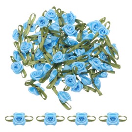 sourcing map 50pcs Light Blue Ribbon Roses 5/8" x1-3/16 Mini Roses for Crafts Little Satin Bows Roses Artificial Flowers