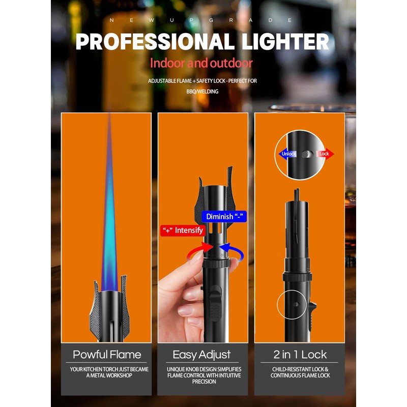 Bright Fire Torch Lighter Butane Refillable, Long Jet Flame Butane