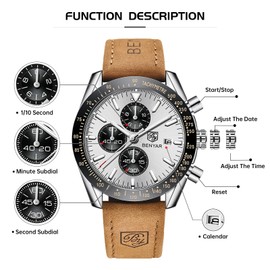 BENYAR Watches for Men Chronograph Analogue Quartz Movement Wrist Watch Fashion Business Sports Watch 30M Waterproof Scratchproof Stylish Elegant Gifts for Men