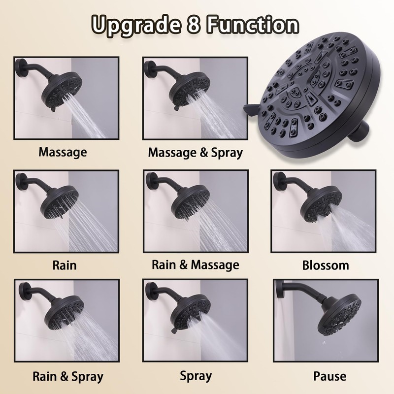 SUBEIXI Matte Black 2 Handle Shower faucet Set, 8 Mode