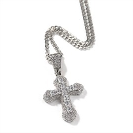 ZeaLian Zirconia Cross Hip Hop Iced Out White Crystal Cross Pendant Silver Plated Fashion Necklace Jewelry Gemstone with Stainless Steel Cuban Chain for Men Women(White)
