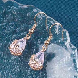 Atentuyi Wedding Crystal Earrings Gold HooK Earrings Crystal Teardrop Earrings Pear Shape Pink Gem Earrings Birthstone Drop Dangle Earrings Gold Flower Earrings Jewelry for Women and Girls