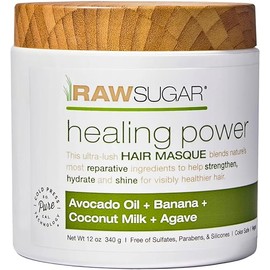 RAW SUGAR, Healing Power, Mascarilla Reparadora para Cabello, con Aceite de Aguacate, Plátano, Leche de Coco y Agave, Prensado en Frío, Vegano, Libre de Sulfatos, Parabenos y Siliconas, 340 g
