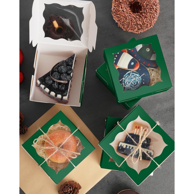 qiqee Deep Green Bakery Box with Window 4x4x2.5 inch 30Packs