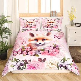 Cartoon Fox Duvet Cover for Boys Girls,Spring Summer Watercolor Flowers Butterfly Breathable Comforter Cover,Pink Print Romantic Farmhouse Flowers Comforter Cover 3 Pcs with 2 Pillowcases Full