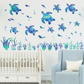 SHUCHING Blue Sea Turtle Wall Decal Peel and Stick, Vinyl Under The Sea Seaweed Wall Sticker, Ocean Wall Decor Art for Nursery Playroom