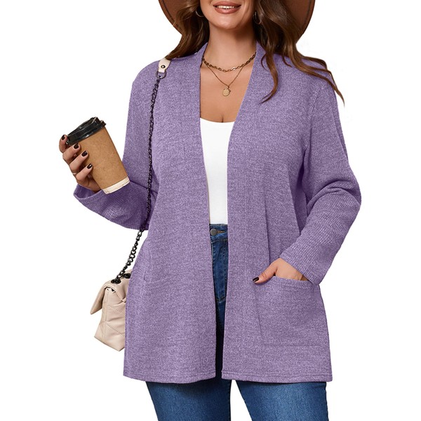AusLook Women's Plus Size Lightweight Open Front Cardigan Lilac Purple