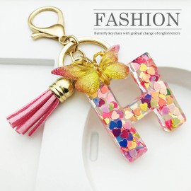 JINGUAZI Initial letter Keychains for Women Tassel Butterfly Pink Purple Cute Car Keychain for Wallet Backpack bag charm, H-pink, Keychains