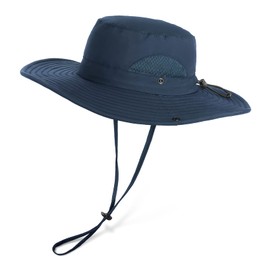 Wmcaps Sun Hats for Men, Wide Brim UPF 50 Sun Hats Summer Mesh UV Protection Beach Safari Hat, Fishing Walking Hiking Boonie Hat with Adjustable Chin Strap Waterproof Breathable (Navy Blue)