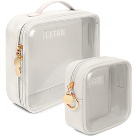 Clear Makeup Bags Set - TSA Approved Toiletry Bag with Handle Large Opening, Clear Toiletry Bags for Traveling Travel Essentials Travel Size Toiletries Car Accessories for Women (Large+Mini White)
