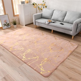 Aimuan Pink Rug Soft Gold Marble Metallic Glitter Area Rug Nursery for Princess Prince Modern Faux Rabbit Fur Mat Fluffy Plush Velvet Home Carpet Throw Rug Non-Skid Dots Backing (Pink, 5×8ft)