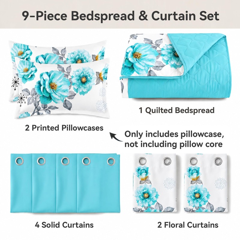 Queen Size Bedspread Set 9 Pieces, Sapphire Flower