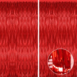 2 Pack Red Tinsel Backdrop, 3.28 FT x 7.05 FT Red Fringe Curtains, Red Backdrop Foil Curtains Party Streamer Backdrop Curtains, Wedding Photo Backdrop Red Party Decorations for Wedding Anniversaries