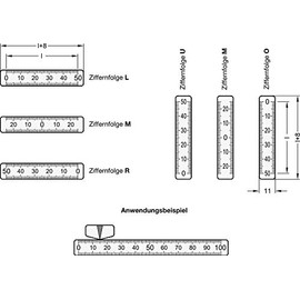 Stainless steel scale 50 mm long, numbers horizontal, zero point left