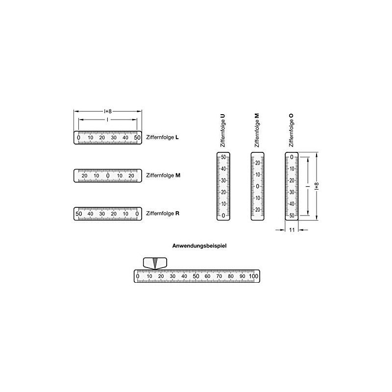 Stainless steel scale 50 mm long, numbers horizontal, zero point