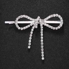 1Pcs Rhinestone Hair Bow Bobby Pin Clips for Girls Women Sparkling Crystal Bridal Wedding Metal Hair Bow Side Barrettes Pin Clips 2.36" 5.7g bang Pins for Toddler Party Daily (Silver)