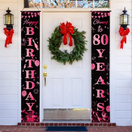 Happy 80th Birthday Door Banner Black Pink 80th Birthday Party Decorations, 80th Birthday Porch Hanging Banner Door Decorations for Women Men 80 Year Old Garden Indoor Outdoor Black Pink