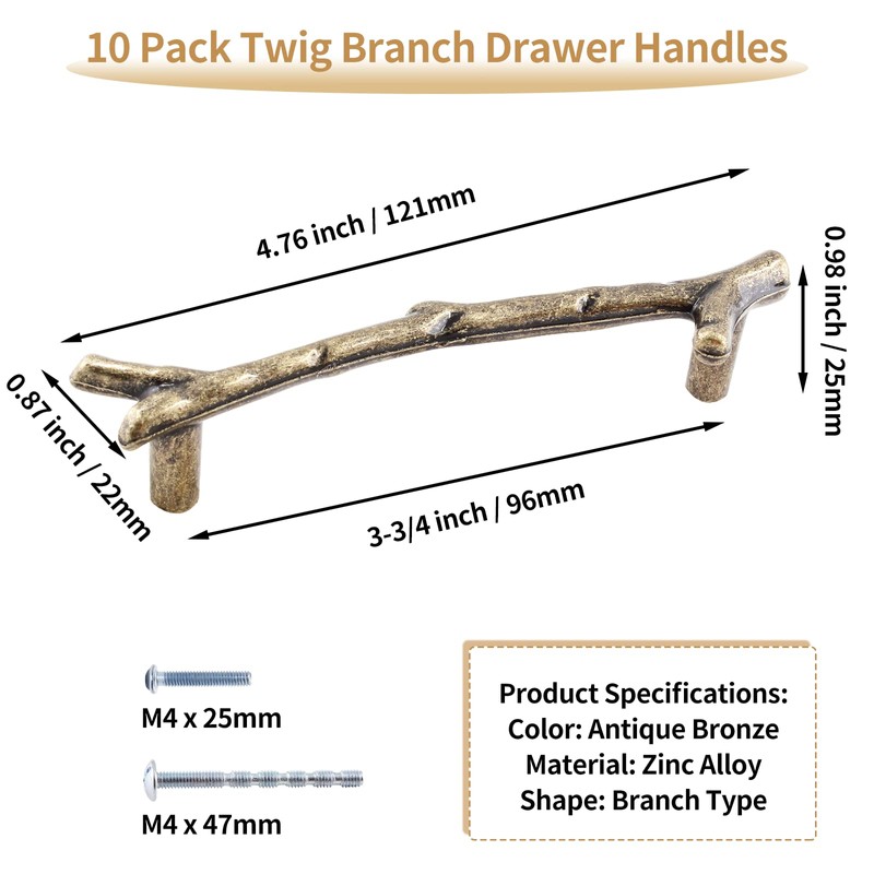 Bivethoi 10 Pack Twig Branch Drawer Handles Antique Bronze Tree