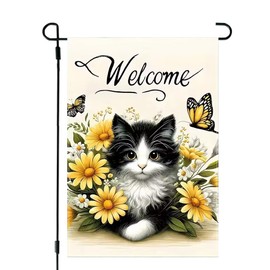 Welcome Spring Summer Garden Flag 12x18 Double Sided, Burlap Seasonal Butterfly Flower Cat Garden Flags Spring Summer Outdoor Decorations, Small Decorative Yard Flags for Outside