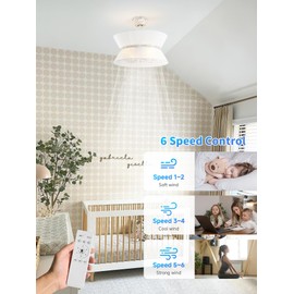 MizWacky 20" Rattan Boho Ceiling Fans with Lights, Caged white Fandelier Ceiling Fan with Light Remote Control, Enclosed with 6 Speeds for Bedroom, Nursery, Living Room