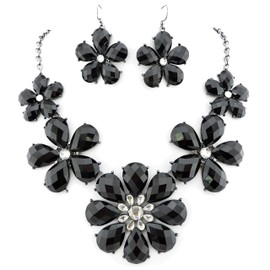 Firstmeet Shiny flower statement collar Necklace with earrings (XL-1104-Black)